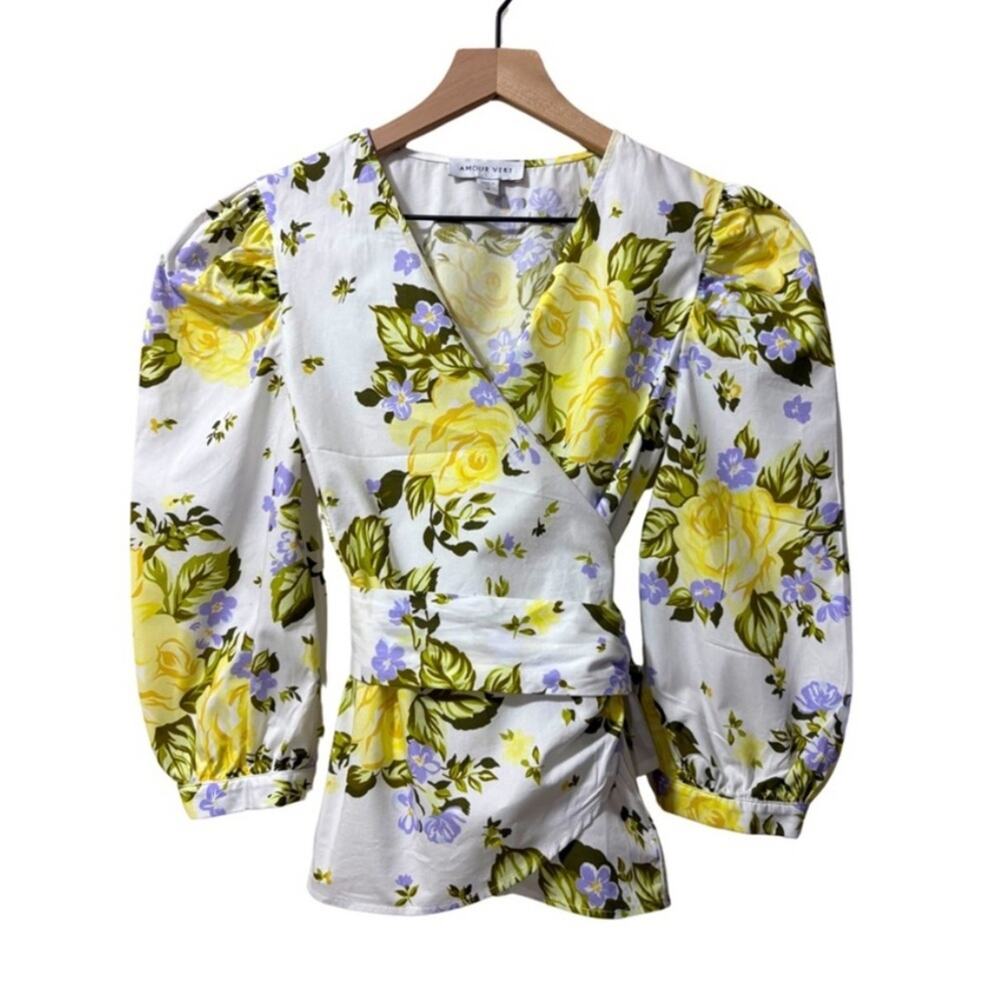 Amour Vert NEW Yellow Rose on White Poplin Cotton Wrap Top 3/4 Sleeve M